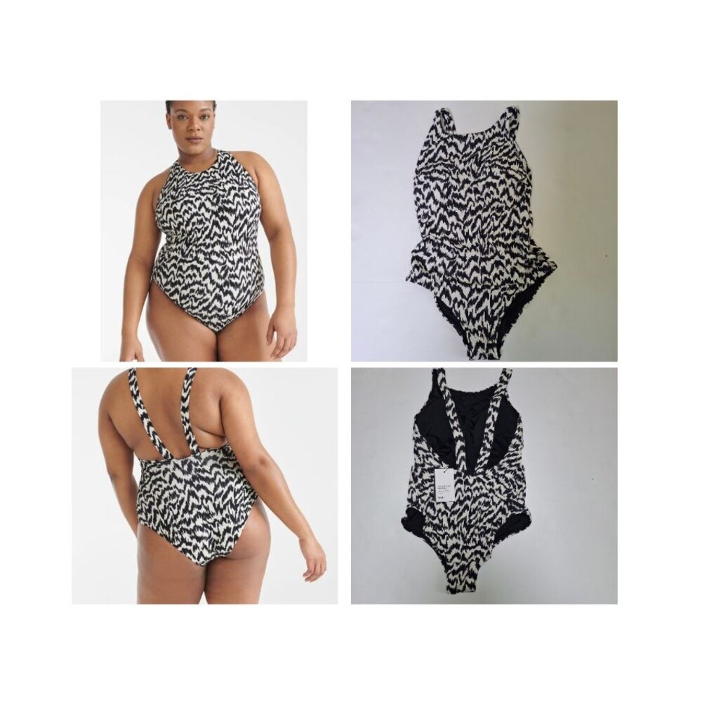 NEW Knix Swimsuit High LowSafari Black White Women M  Animal Print Removable Cup
